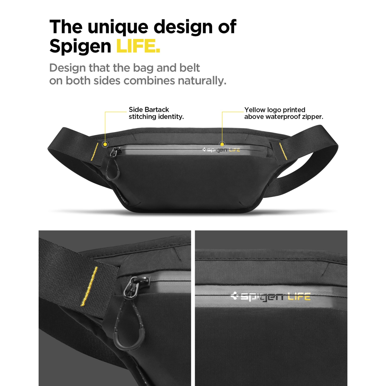 Tas Selempang Pinggang Pria Spigen Waistbag Klasden KD411 Waterproof Anti Air Outdoor Hitam - Gambar 3