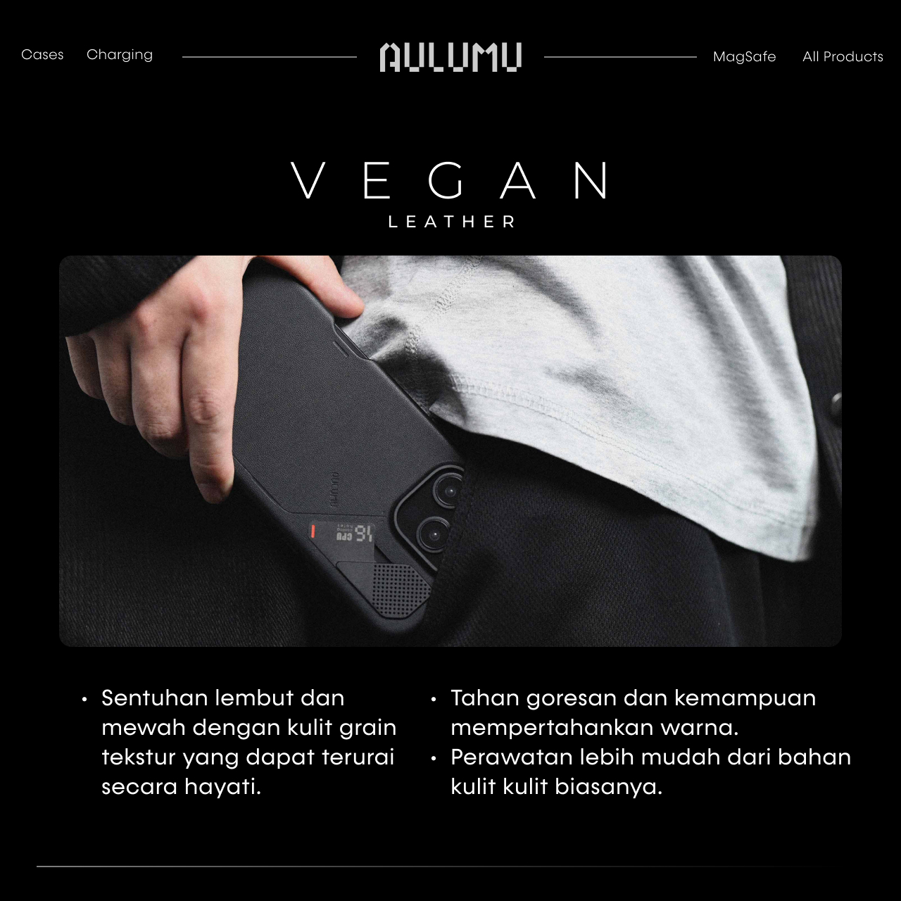 Case iPhone 16 Pro Max Plus Aulumu Vegan Leather MagSafe Anti Shock Crack Hybrid Casing Kulit - Gambar 6
