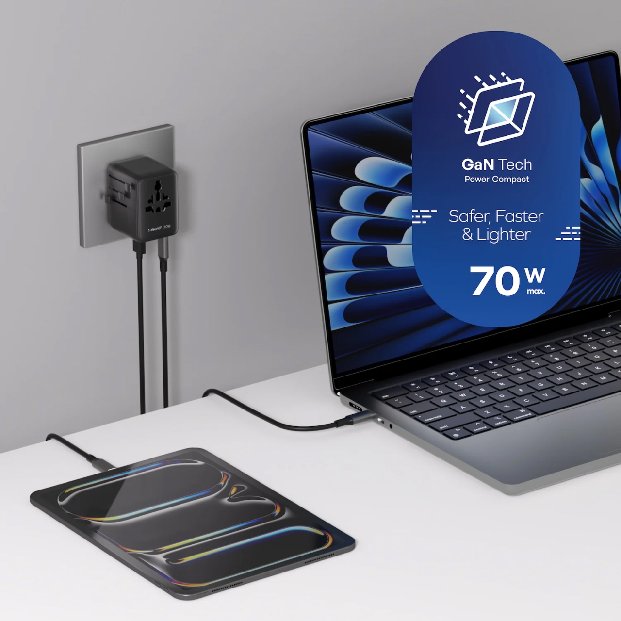 Momax Universal Travel Adaptor Mini Fast Charging 1-World 20W 35W 70W 100W QC PD GaN Built-in Cable Type C - Gambar 2