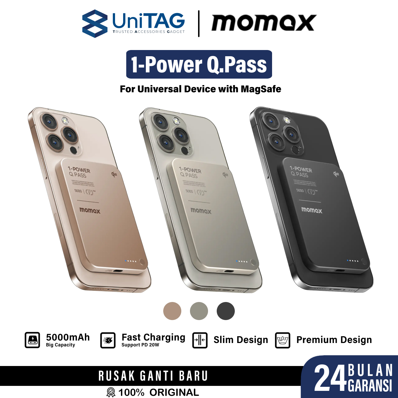 Momax Magsafe Powerbank Wireless for iPhone Fast Charging Qi2 5000mAh 1-Power Q.Pass