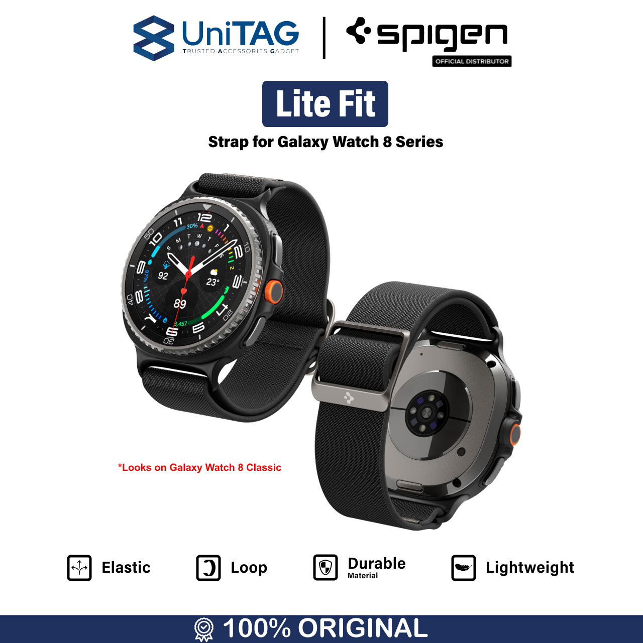 Strap for Samsung Galaxy Watch 8 46/44/40mm Spigen Band Lite Fit Kain Nylon Fabric Loop Stainless Steel