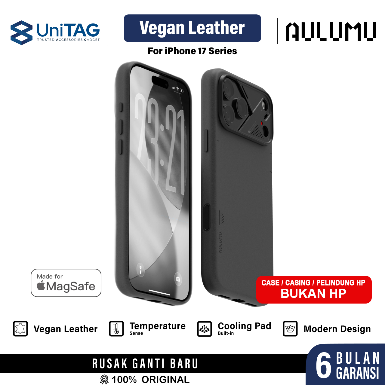 Case for iPhone 17 Pro Max Aulumu Vegan Leather MagSafe Casing Kulit Hybrid