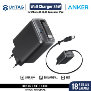 ANKER Kepala Charger Nano 35W USB C with Built-in Retractable Cable PD Charger 2 Port for iPhone Samsung iPad MacBook Pro Air