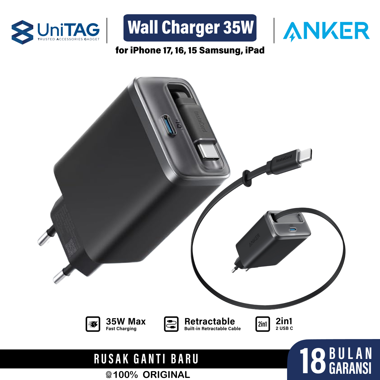 ANKER Kepala Charger Nano 35W USB C with Built-in Retractable Cable PD Charger 2 Port for iPhone Samsung iPad MacBook Pro Air